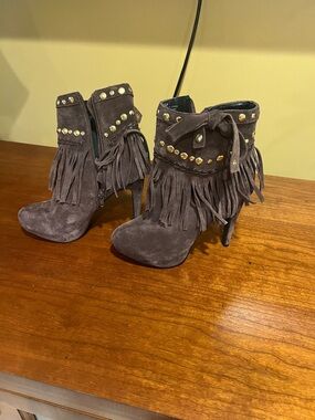 Boston Proper Brown Suede Fringe Stud Ankle Boots